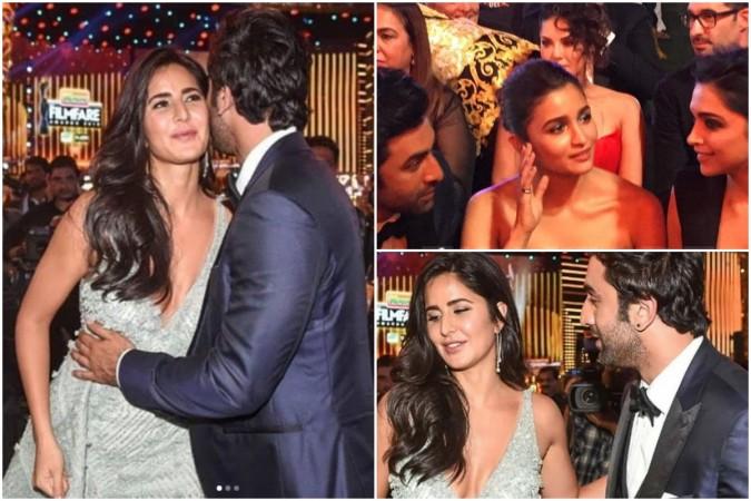 Ranbir Kapoor with Katrina Kaif and Deepika Padukone at Filmfare Awards 2019