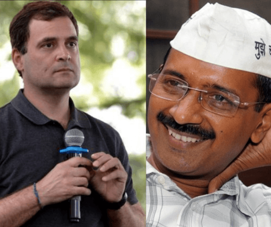 Congress President Rahul Gandhi (left) and Delhi Chief Minister Arvind Kejriwal. Rahul Gandhi Arvind Kejriwal