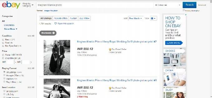 The eBay website where photos of Meghan Markle and Prince Harry are on sale. Meghan Markle