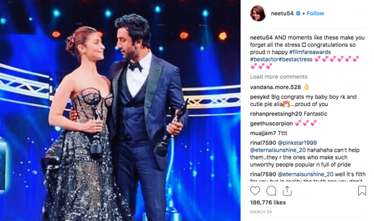 Neetu Kapoor posts on Alia Bhatt and Ranbir Kapoor both winning the Filmfare Award 2019. Neetu Kapoor posts on Alia Bhatt and Ranbir Kapoor Filmfare Award