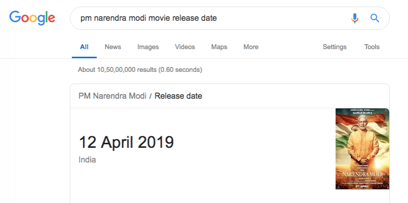 PM Narendra Modi movie release date is now April 12, says Google search. PM Narendra Modi movie release date is now April 12, claims Google