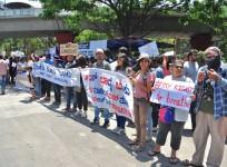 Environmentally conscious citizens of Bangalore along with activists stage a protest against the proposed steel bridge flyover by the Karnataka government to decongest the city traffic