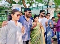 Chiranjeevi with family members at a polling booth of the Lok Sabha elections in Banjara Hills