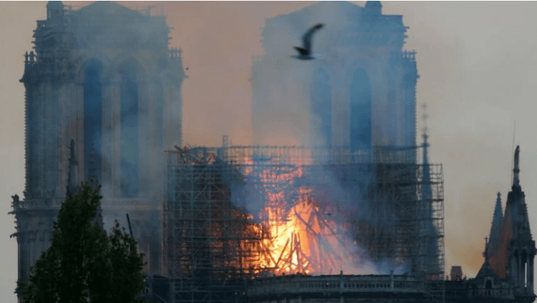 Fire fighters douse flames of the burning Notre Dame Cathedral in Paris, France on April 15. Notre Dame Cathedral