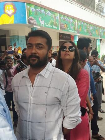 Suriya and his wife Jyothika. Kollywood Celebs Vote: Suriya, Jyothika Cast Their Vote
