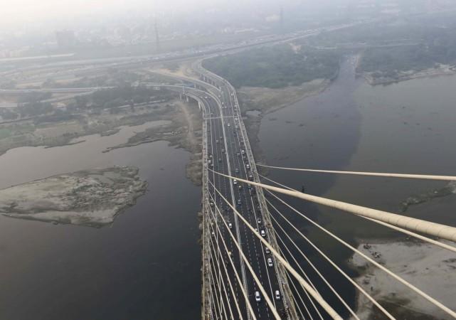 An aerial view of vehicles plying on the newly inaugurated Signature Bridge on the river Yamuna that was opened for the public today morning, in New Delhi on Nov 5, 2018. signature bridge