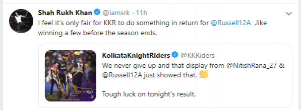 Shah Rukh Khan on Andre Russell Shah Rukh Khan tweets about Andre Russell