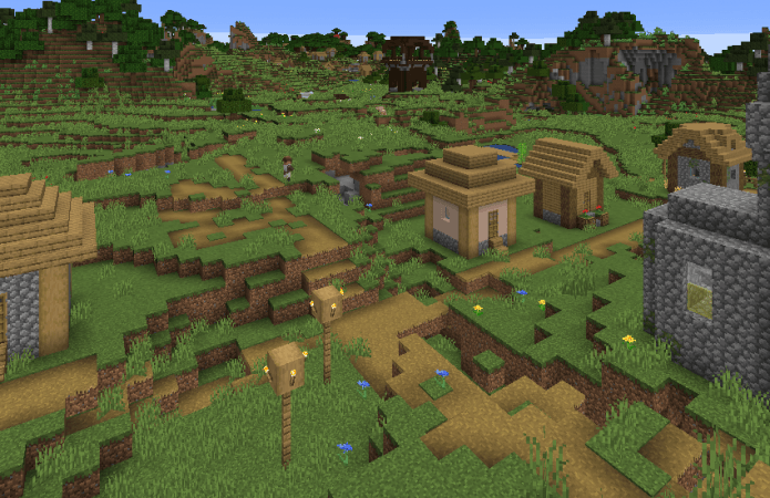 A screenshot from Minecraft shows a typical forest village A screenshot from Minecraft shows a typical forest village