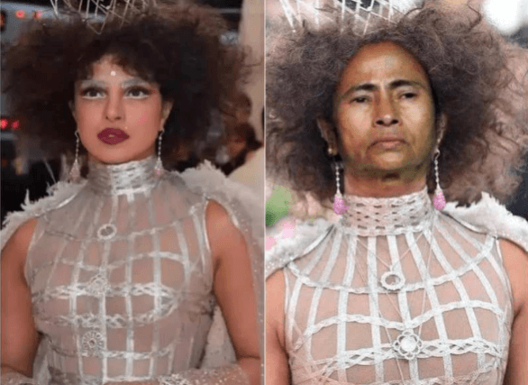 Priyanka Chopra at MET Gala 2019 and Mamata Banerjee meme. Priyanka Chopra at MET Gala 2019 and Mamata Banerjee meme