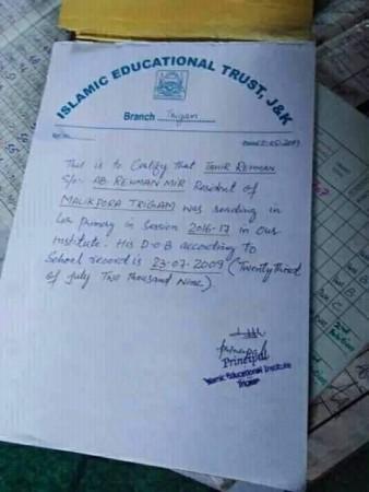The letter issued by the local school refers to Tahir Ashraf Mir as a minor Bandipora