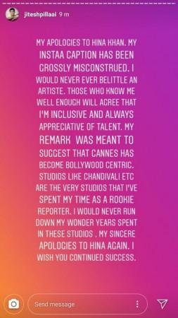 Jitesh Pillai's apology to Hina Khan