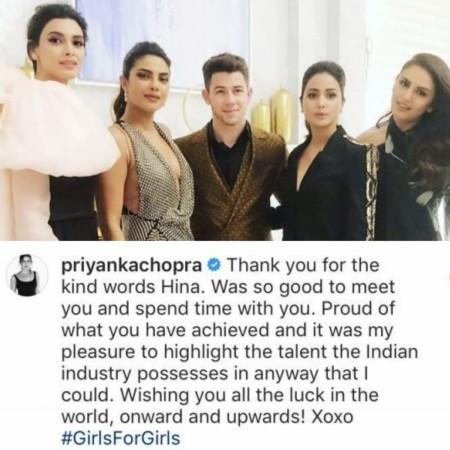Priyanka Chopra reacts to Hina Khan's post praising her
