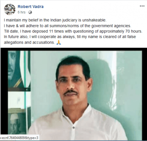 Robert Vadra took to Facebook and Twitter to defend himself in the money laundering case. Robert Vadra Facebook Post