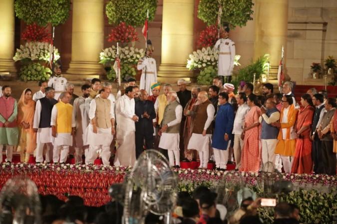 President Ram Nath Kovind, Vice President M Venkaiah Naidu and Prime Minister Narendra Modi with Union cabinet ministers during the swearing-in ceremony at Rashtrapati Bhavan in New Delhi on May 30, 2019. Prime Minister Narendra Modi swearing in