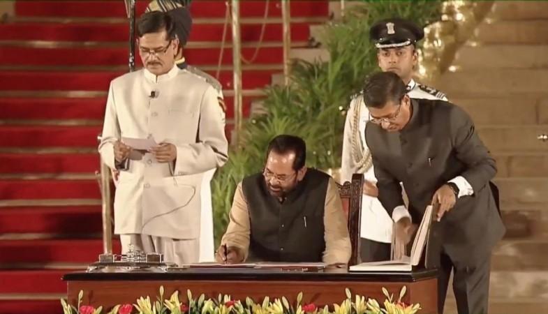 Mukhtar Abbas Naqvi takes oath as Union Minister at a swearing-in ceremony at Rashtrapati Bhavan in New Delhi on May 30, 2019. Mukhtar Abbas Naqvi