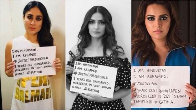 Kareena Kapoor, Sonam Kapoor and Swara Bhasker protest Kathua rape. Kareena Kapoor Sonam Kapoor and Swara Bhasker protest Kathua rape