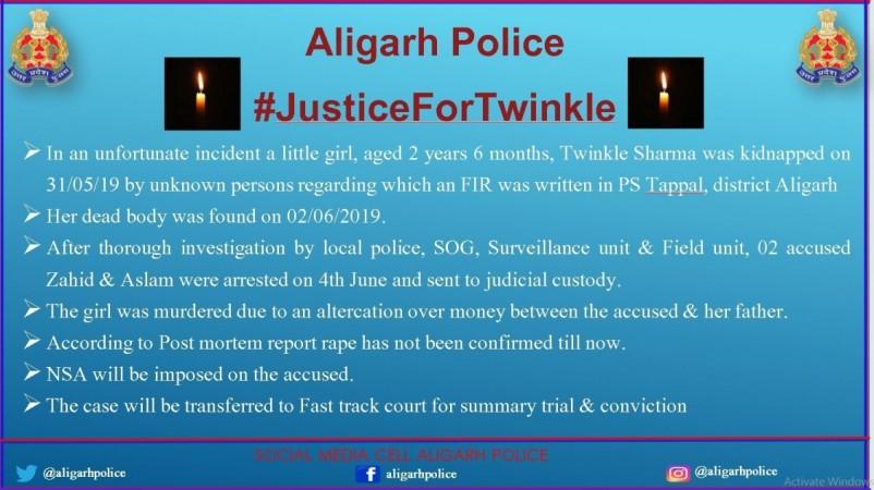 Aligarh Police statement on Twinkle Sharma murder case. Aligarh Police statement on Twinkle Sharma murder case