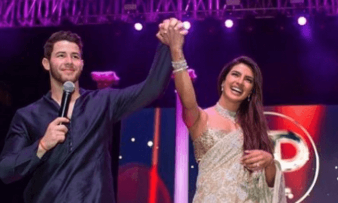 Nick Jonas and Priyanka Chopra at their wedding sangeet. Nick Jonas and Priyanka Chopra at their wedding sangeet
