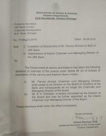 The J&K government issued an order for immediate removal of the J&K Bank chairman, Pervez Ahmad notification