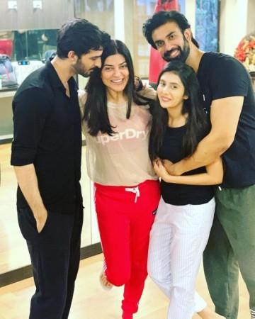 Rohman Shawl and Sushmita Sen with Rajeev Sen and Charu Asopa. Rohman Shawl and Sushmita Sen with Rajeev Sen and Charu Asopa