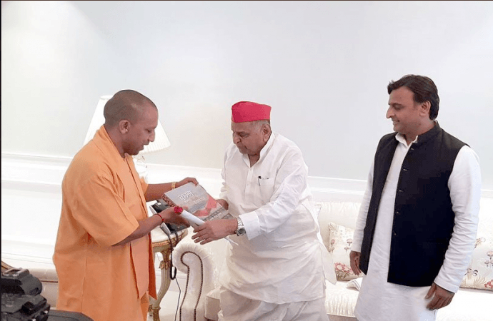 Yogi Adityanath visits Mulayam Singh Yadav's residence in Lucknow. Yogi Adityanath Mulayam Singh Yadav