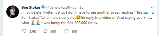 Ben Stokes tweets Ben Stokes tweet