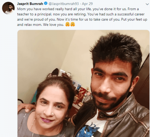 Jasprit Bumrah's tweet on the occassion of his mother's retirement. Jasprit Bumrah tweet