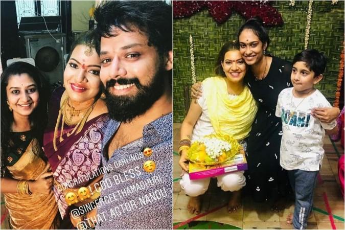 Geetha Madhuri with husband Nandu at her baby shower ceremony Geetha Madhuri with husband Nandu at her baby shower ceremony