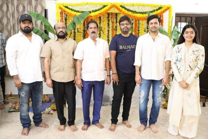 Nithiin with Rashmika and Bheeshma team at its launch Nithiin with Rashmika and Bheeshma team at its launch