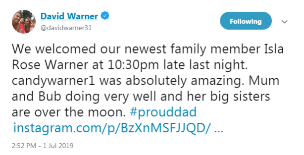 David Warner tweet