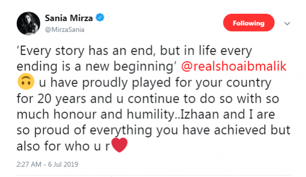This tweet was posted by Mirza on the occasion of her husband's retirement Sania Mirza tweet