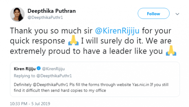 Puthran expressing her gratitude to the minister for his help Deepthika Puthran