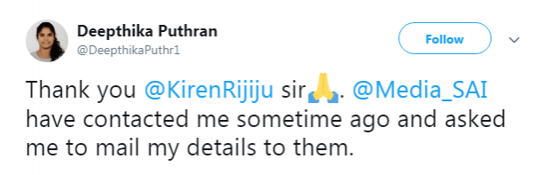 Puthran confirming the approach by SAI Deepthika Puthran