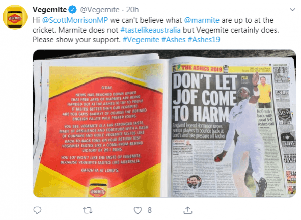 The tweet by Vegemite tagging Australia's Prime Minister Scott Morrison Vegemite Tweet