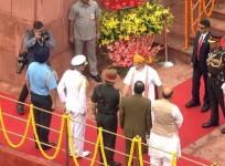 Prime Minister Narendra Modi meeting Army Chief General Bipin Rawat, Navy Chief Admiral Karambir Singh and Air Chief Marshal BS Dhanoa at Red Fort in Delhi.