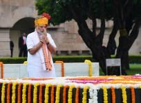 Prime Minister Narendra Modi pays homage at Samadhi of Mahatma Gandhi on Independence Day at Rajghat in New Delhi on Aug 15, 2019.