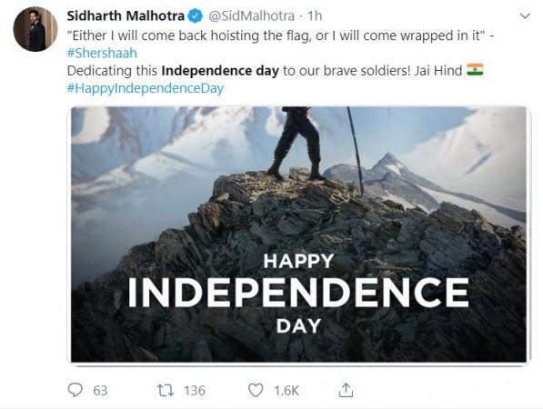 Siddharth Malhotra wishes Happy Independence Day 2019