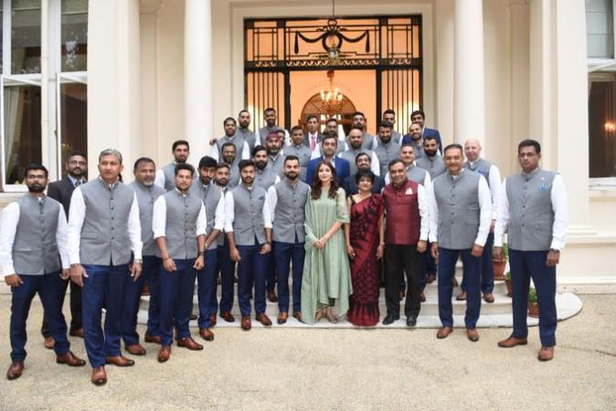 In this photo from India's 2018 tour to England, Anushka is present Indian cricket team visit to High Commissioner's office