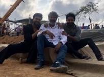 Jr NTR, SS Rajamouli and Ram Charan on RRR movie set