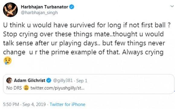 Harbhajan Singh's tweet in response to Gilchrist's message Harbhajan Singh tweet