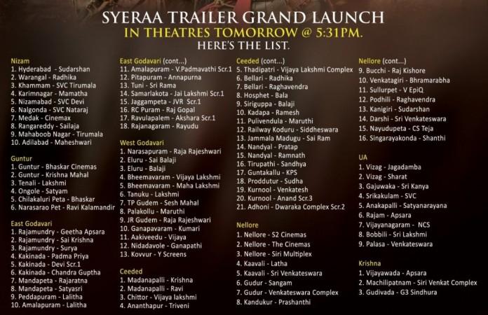 Sye Raa trailer screening - theatre list Sye Raa trailer screening - theatre list