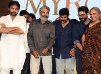 Pawan Kalyan, SS Rajamouli, Chiranjeevi and Ram Charan at Sye Raa pre-release event