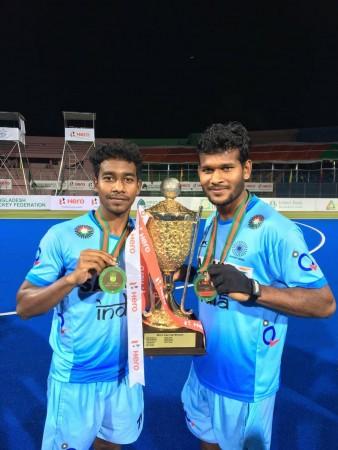 Amit Rohidas (R) with Dipsan Tirkey after India's win in 2017 Asia Cup Amit Rohidas