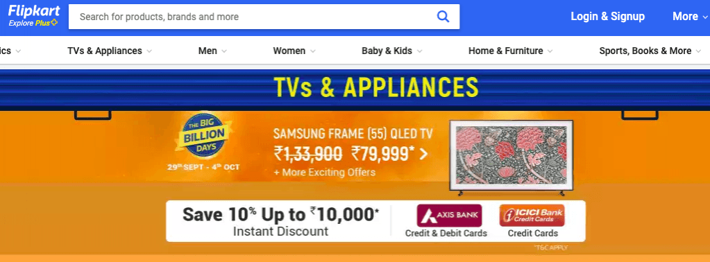 Flipkart has announced massive festival season-opening day sales defying talk of a nationwide slowdown. Flipkart offer on Samsung TV