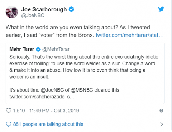 Tweets from Joe Scarborough and Mehr Tarar Tweet