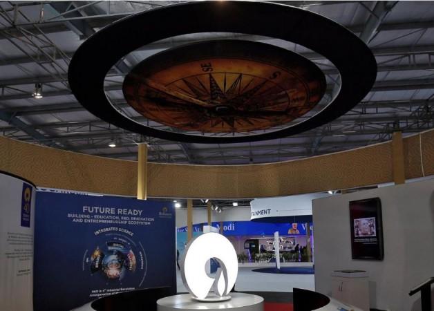The logo of Reliance Industries is pictured in a stall at the Vibrant Gujarat Global Trade Show at Gandhinagar, January 17, 2019. Reliance