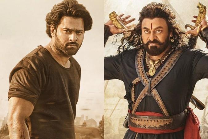 A collage of Prabhas in Saaho and Chiranjeevi's Sye Raa Narasimha Reddy. Prabhas and Chiranjeevi