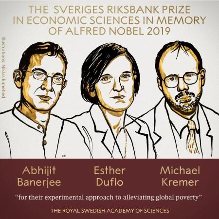 The Nobel Prize tweeted this image announcing the winners of the 2019 Sveriges Riksbank Prize in Economic Sciences in Memory of Alfred Nobel. Nobel Prize in Economics