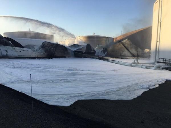 Petrol-Chemical Mutual Aid Organization (PMAO) resources, working for the NuStar Incident Command covered the remaining flammable material with foam in an attempt to prevent additional flare-ups. NuStar refinery fire