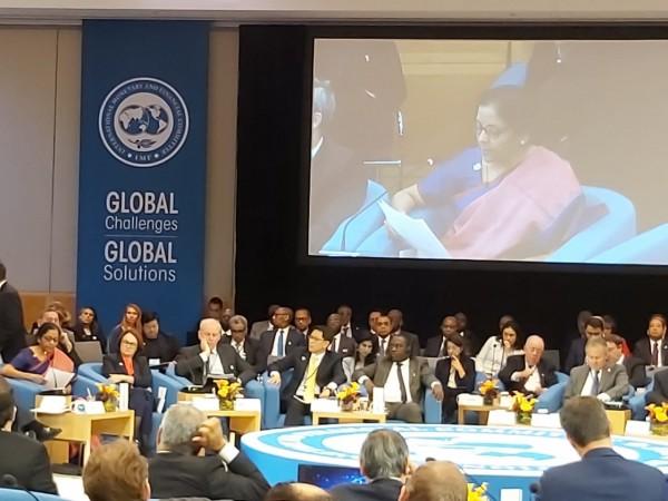 Finance Minister Nirmala Sitharaman speaks at the plenary session of the International Monetary Fund (IMF) and the World Bank. Sitharaman says she will prepare a blueprint for firms that plan to move their investment out of China over US-China trade wars and geopolitical tensions. FM Sitharaman pitches special plan for firms fleeing China